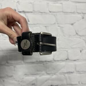 Vintage black leather belt with metal lightning bolt buckle Size S Canada made